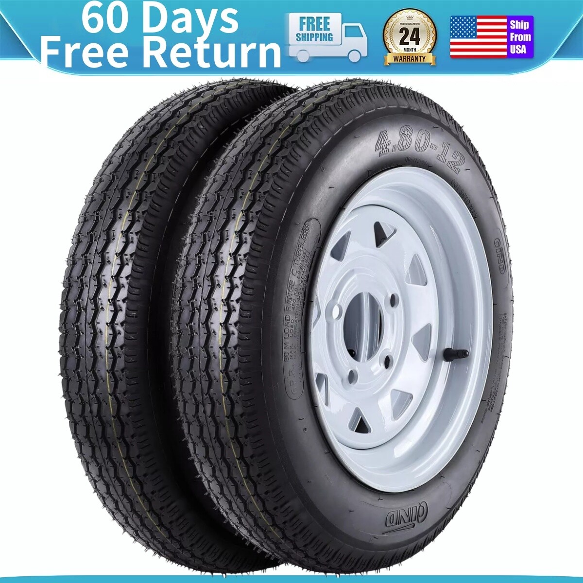 🔥2x Trailer Tires 4 Lug on 4” 6PR 4.80-12 4.80×12 480-12 4.80-12 w/ 12” Rims
