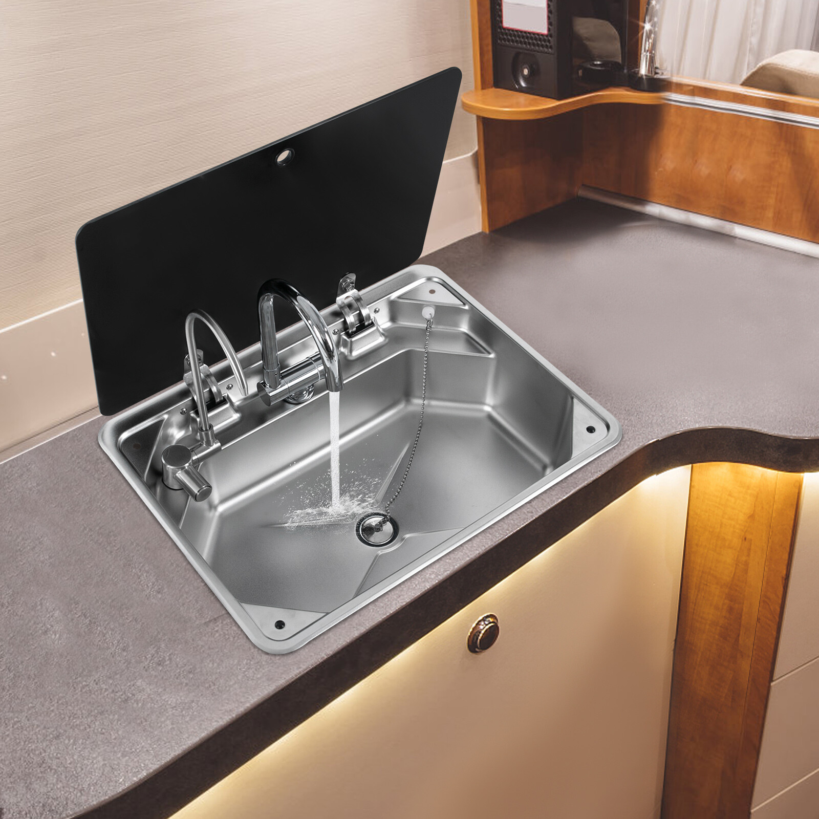 RV Sink Kitchen Sink with Hot&Cold Faucet and Tempered Glass Lid Stainless Steel