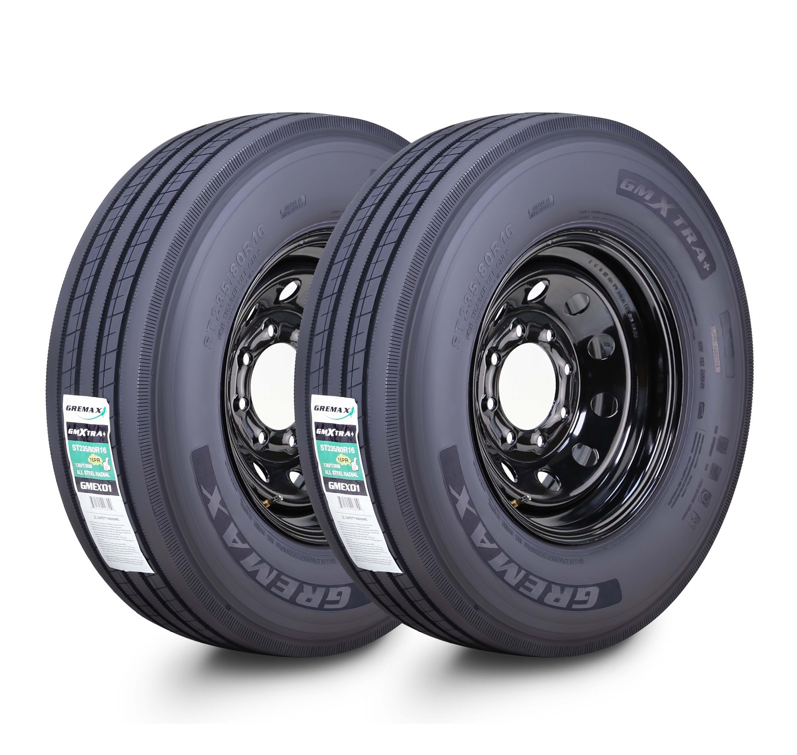2 GREMAX All Steel Trailer Tire Wheel ST235/80R16 16-Ply H 130M 8×6.5″ Black Mod