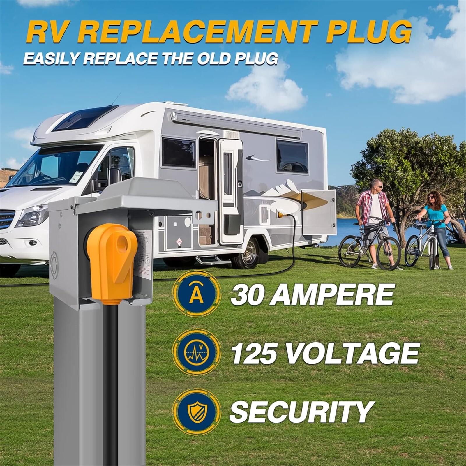 30 Amp RV Replacement Heavy Duty Male Plug End Camper Power Adapter 125V Yellow