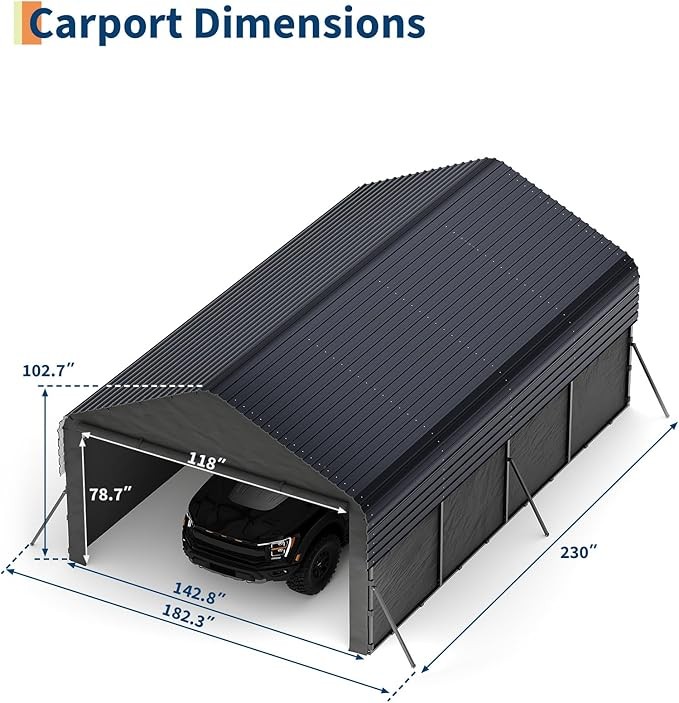 Garvee 12x20ft Heavy Duty Carport Enclosed Steel Gable Doors Truck Boat Track