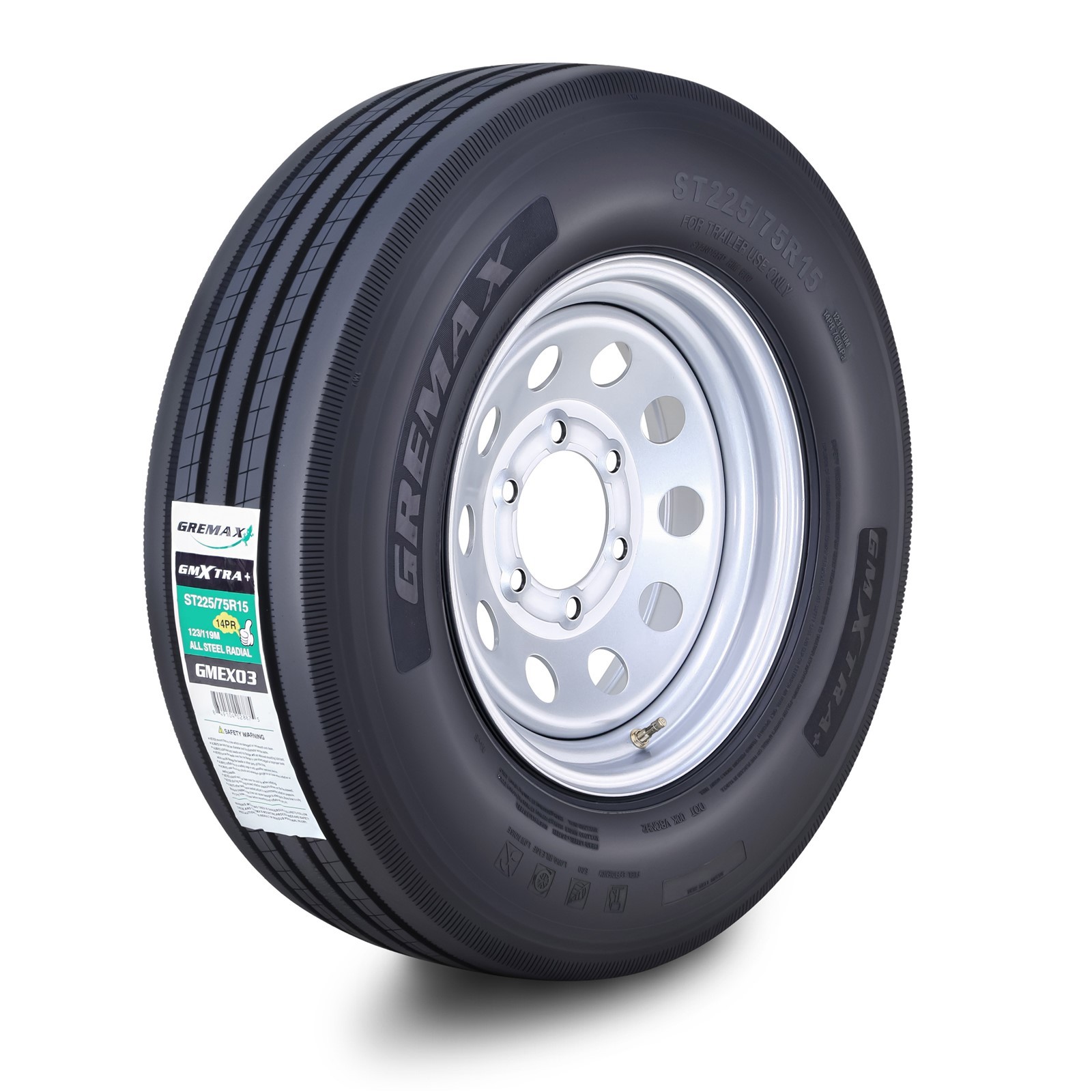 GREMAX All Steel Trailer Tire Wheel ST225/75R15 14Ply G 130M w/6×5.5″ Silver Mod