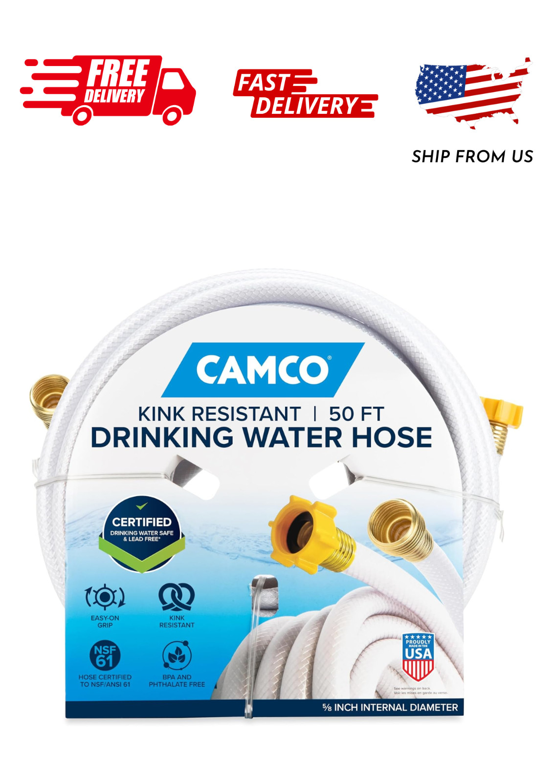 Camco TASTEPURE 50-Foot RV Drinking Water Hose – Lead-Free, PVC, White (22793)
