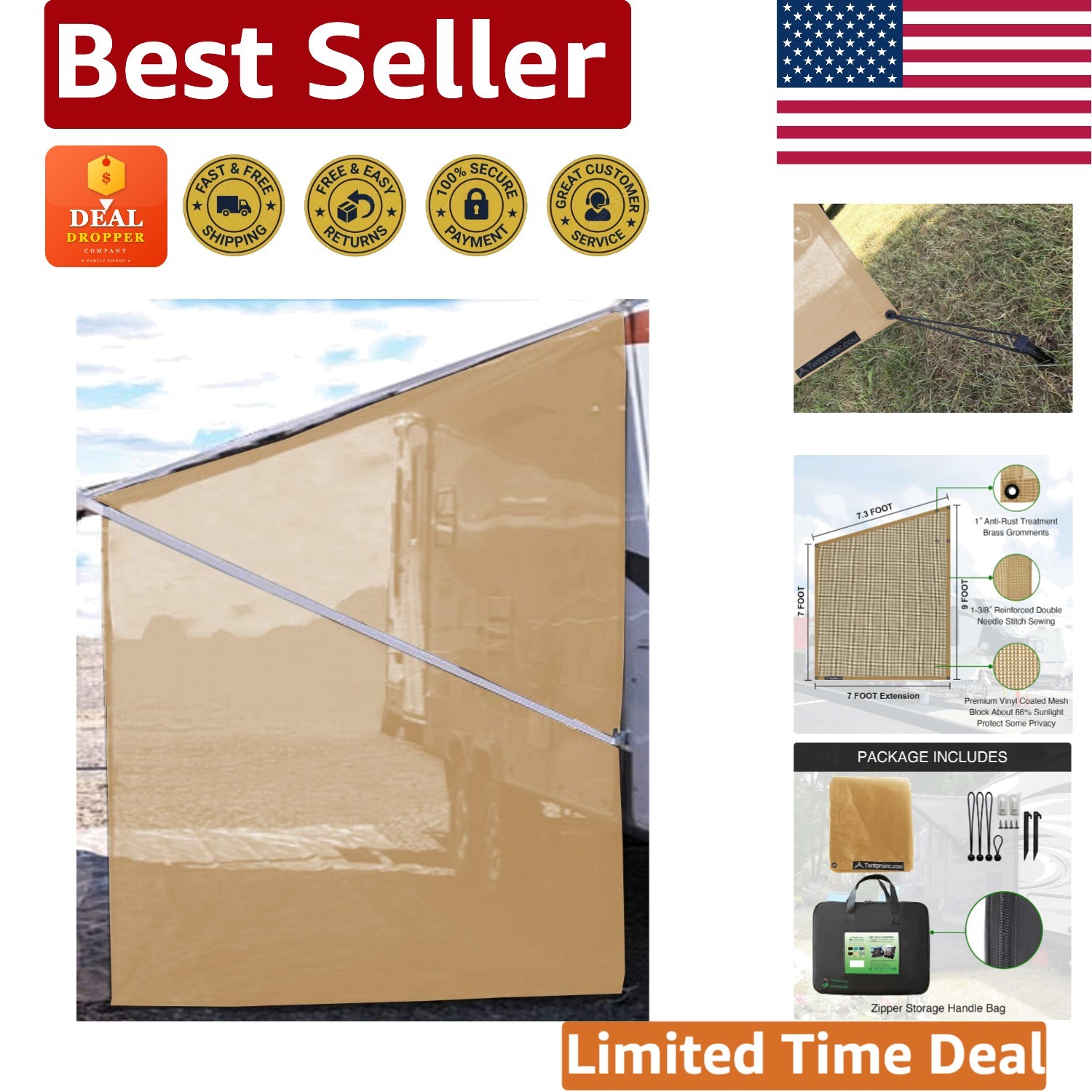 9′ x 7′ RV Awning Shade Screen – Beige Mesh Sun Blocker with Easy Install Kit