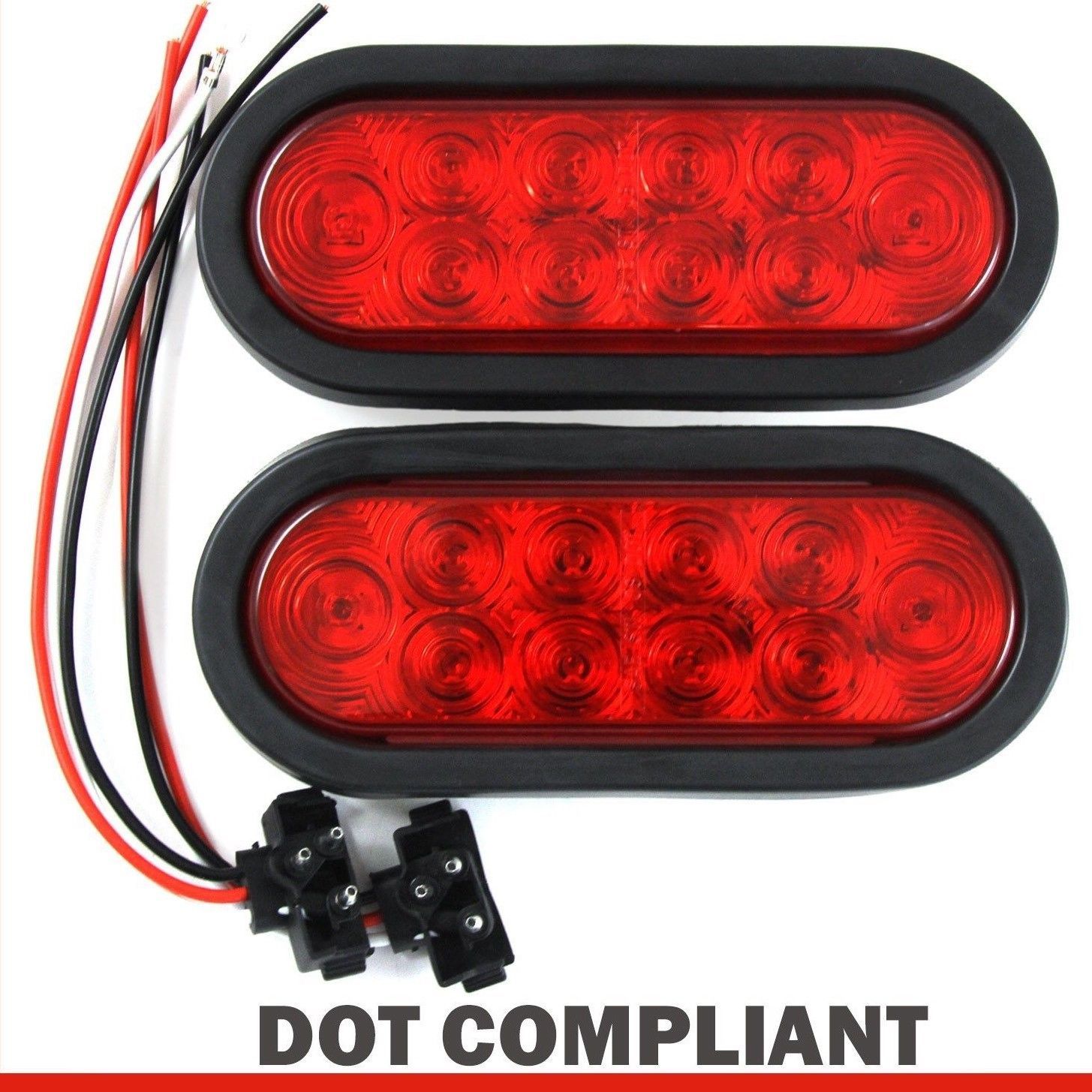 2 Red 6″ Oval Trailer Lights 10 LED Stop Turn Tail Truck Sealed Grommet Plug DOT