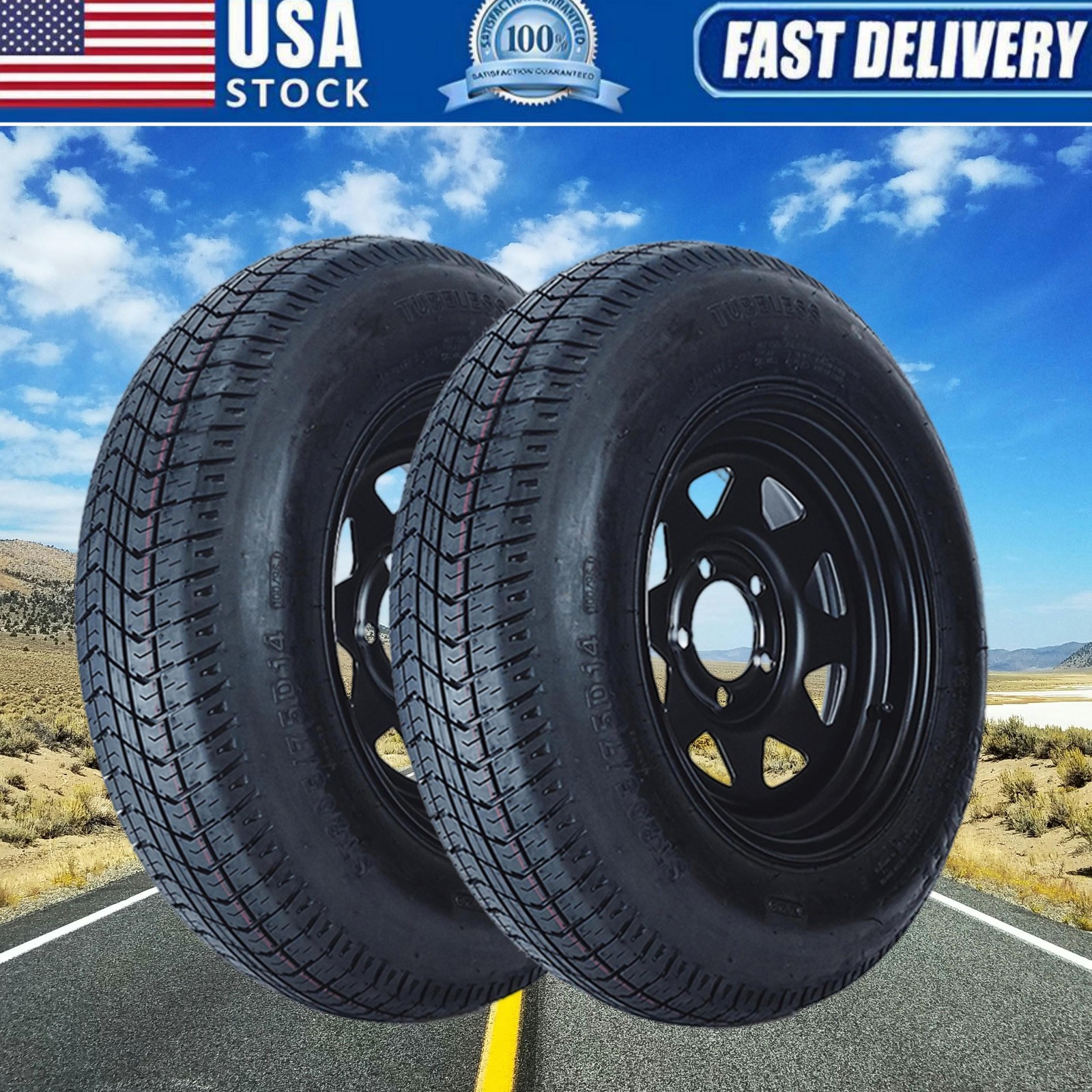 2 Pack Trailer Tire On Rim 14inch ST205/75D14 Trailer Tires Wheels 5 Lug on 4.5″