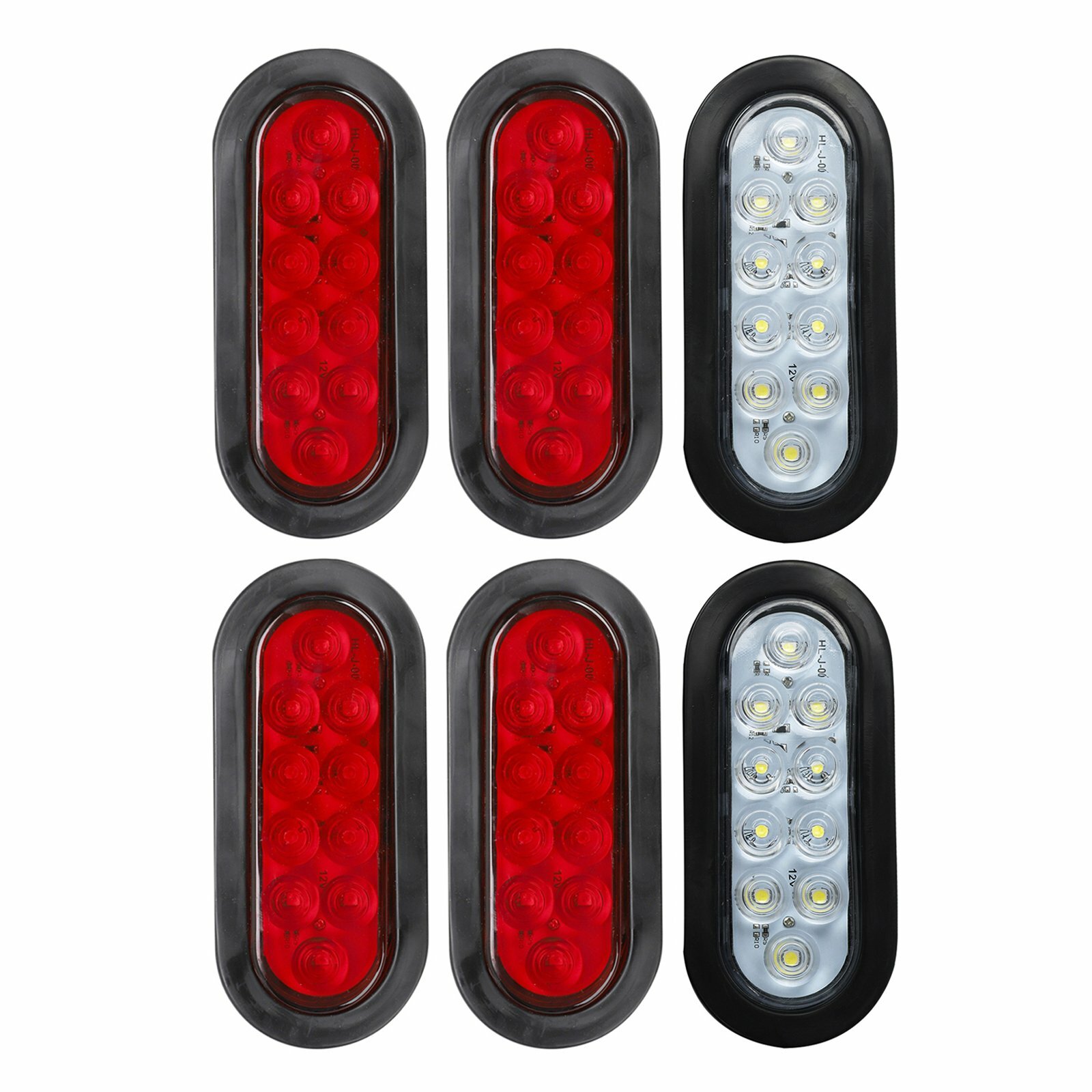 4x Red+2x White 6″ Oval 10 LED Trailer Truck Reverse Back Up Lights Flush Mount
