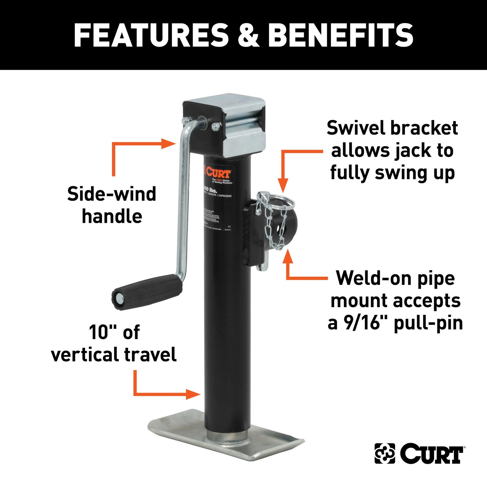 Pipe-Mount Swivel Trailer Jack w/ Side Handle 5K lbs, 10″ Travel 28354 CURT
