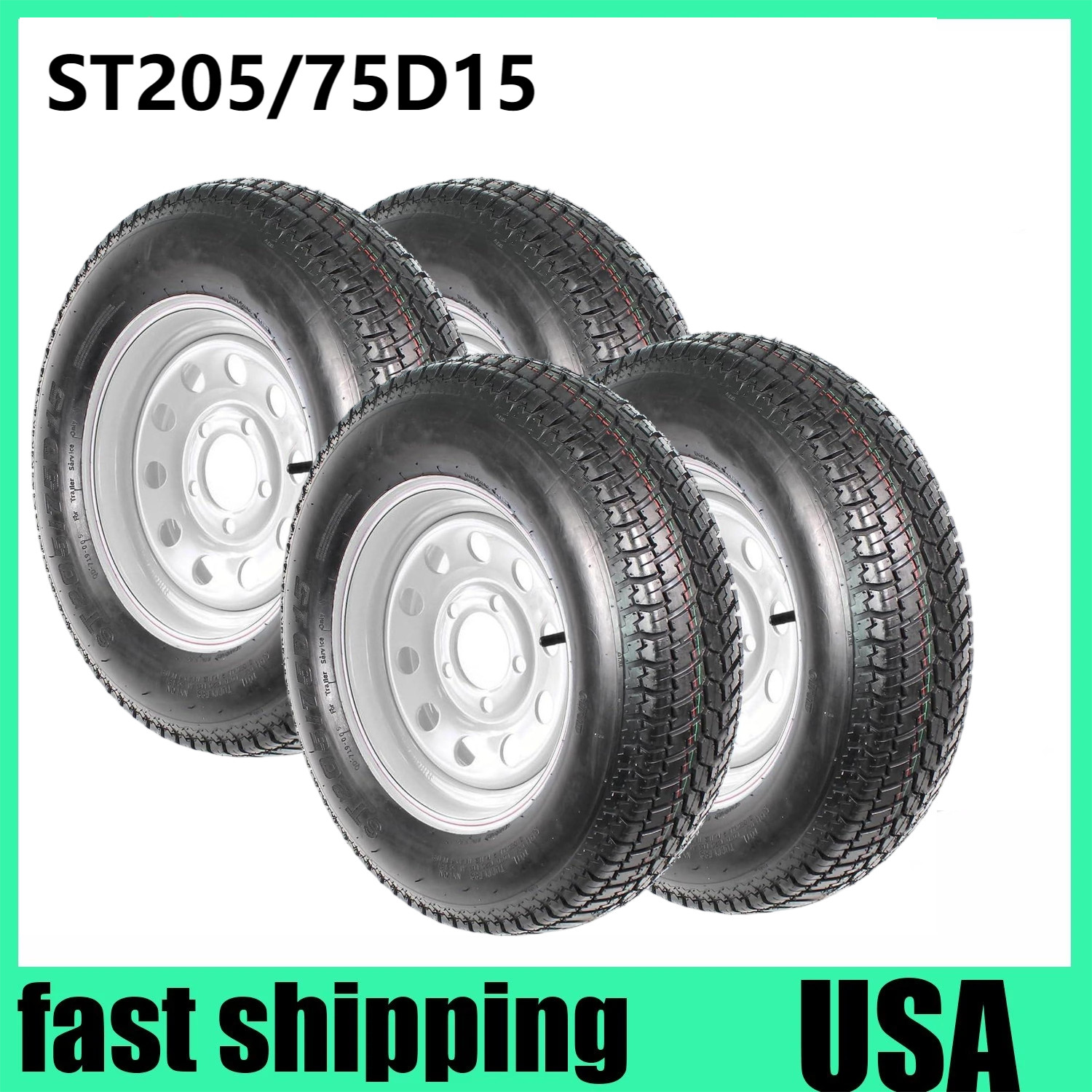 ♦️4Pack Trailer Tire On 15″ Rim ST205/75D15 205/75-15 Load Range C LRC 5 Lug Whe