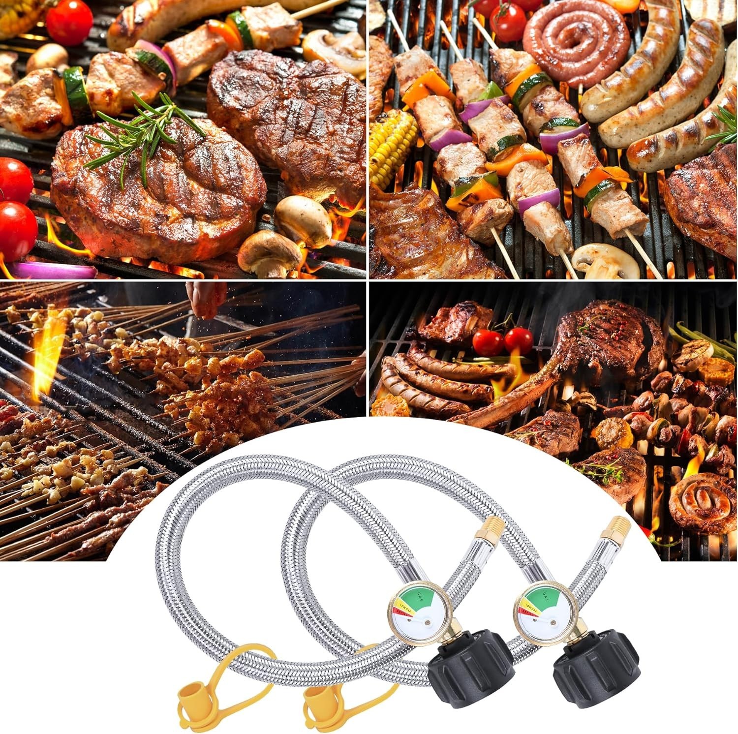 15-Inch Stainless Steel Braided RV Propane Hoses with Gauge – Dual Pack for C…
