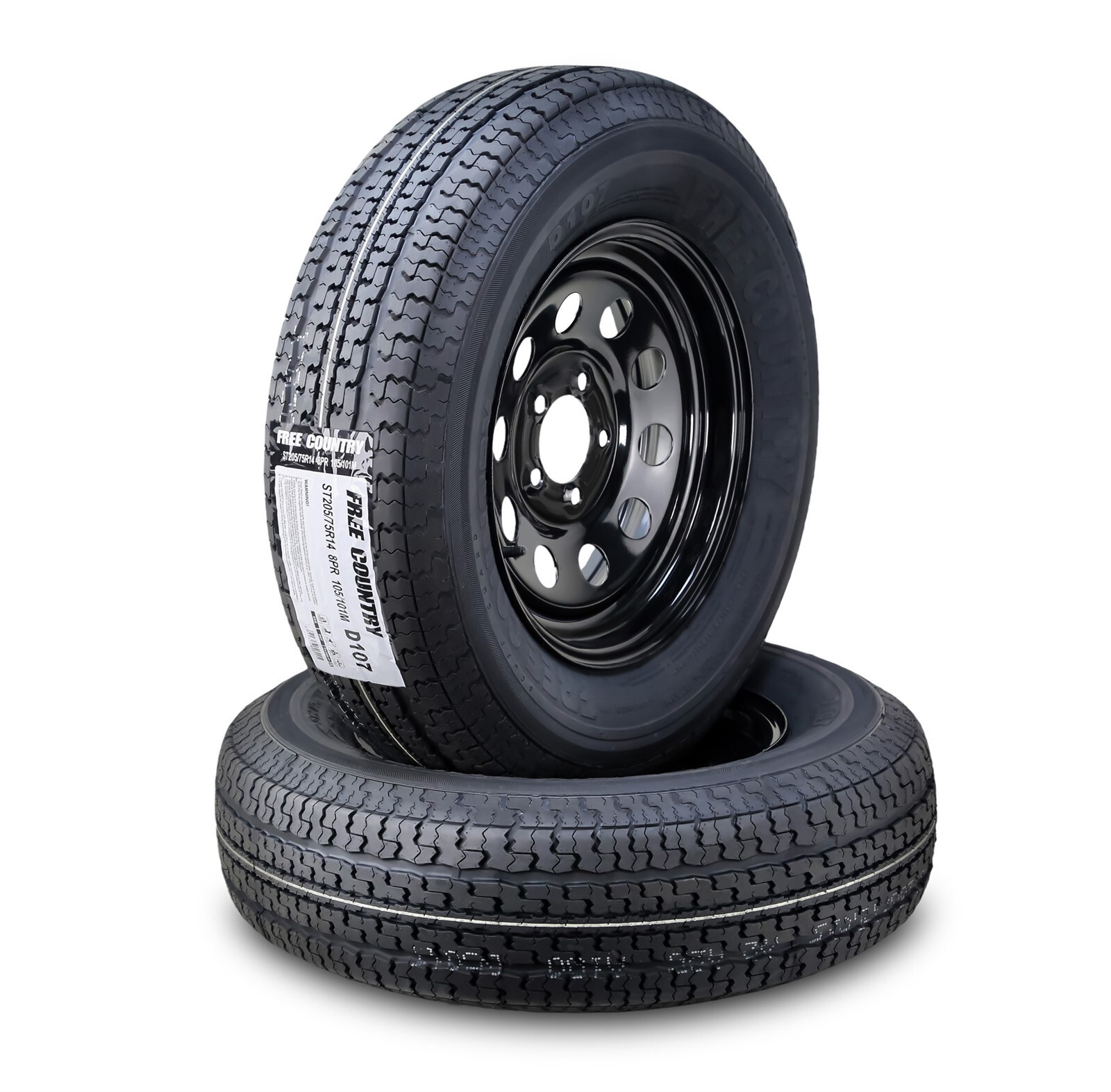 2 Free Country Trailer Tire Rim ST205/75R14 8-Ply D 105M 5 Lug x4.5″ Black Mod
