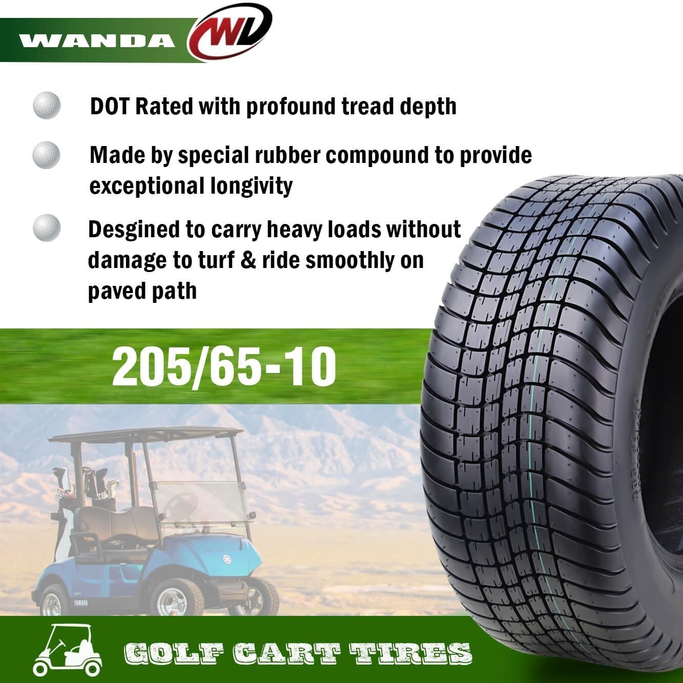 WANDA Golf Cart Tire Rim 205/65-10 4-Ply with 4 Lugs on 4″ White -14007 ,SET 2
