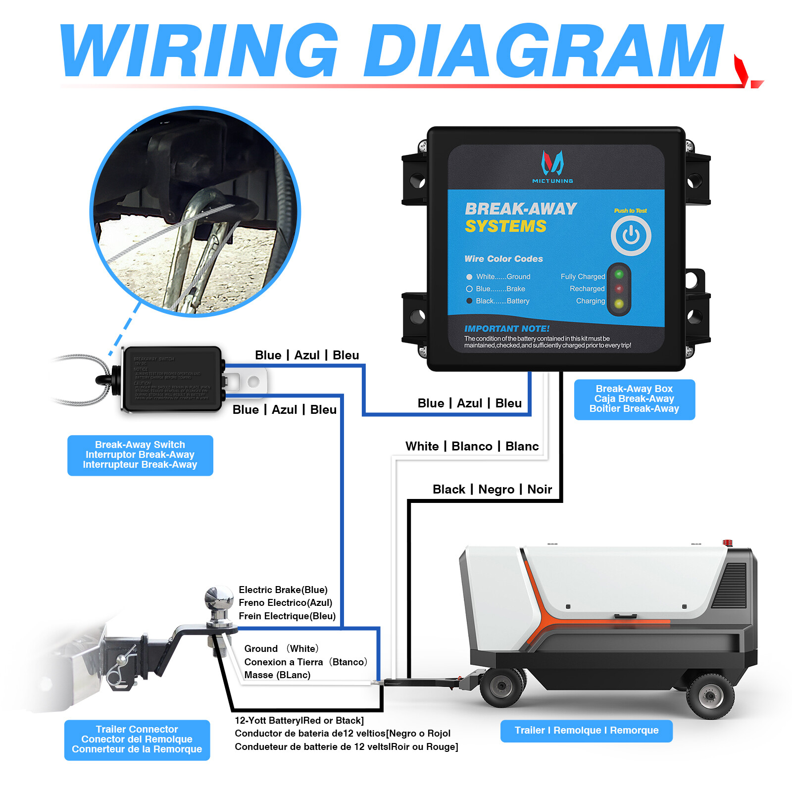 Trailer Break-Away Electric Brake System, Separation Runaway Kit w/LED Indicator