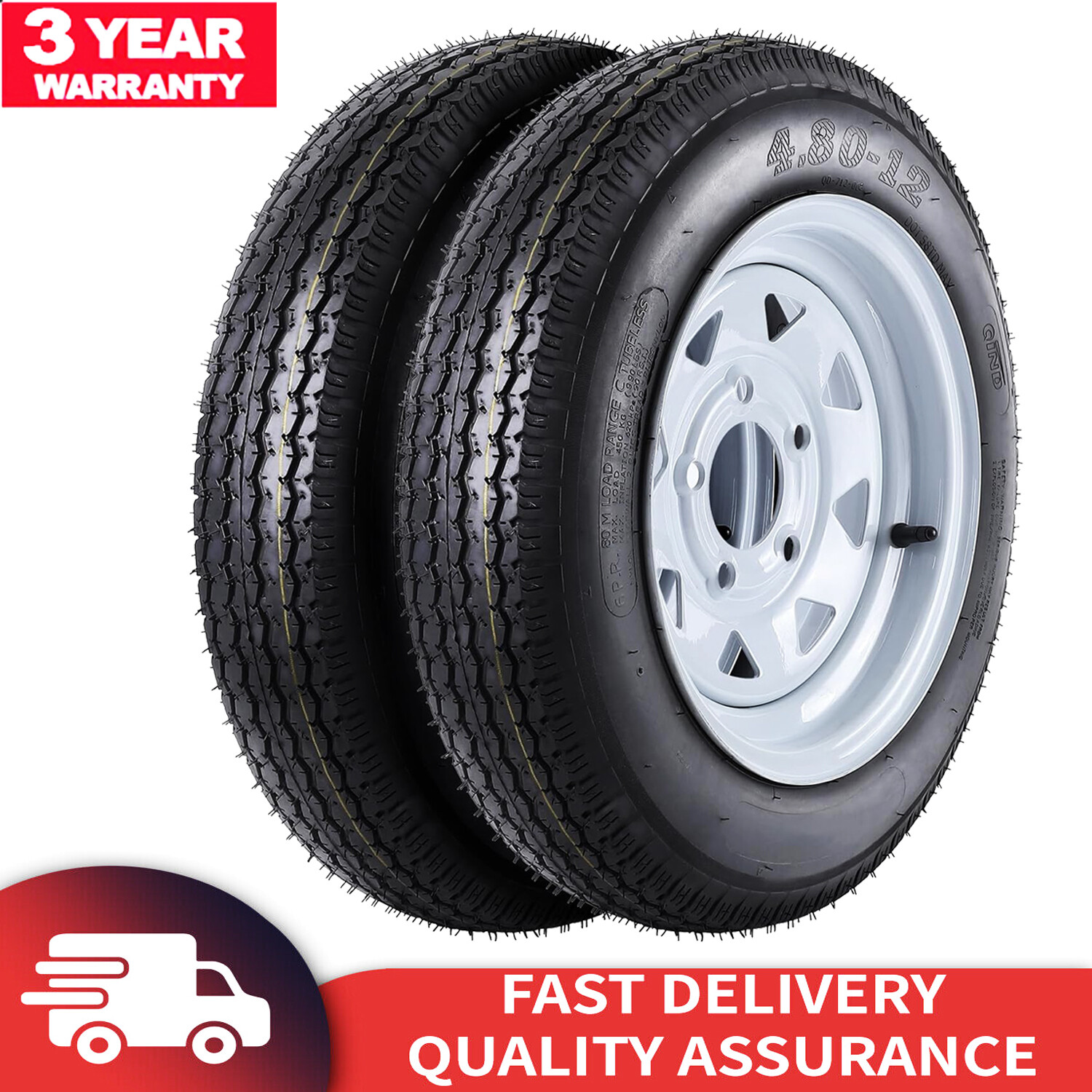 2 Pack 4.80-12 480-12 4.80 X 12 Trailer Tires On 12″ Rim, 5 Lug 6PR Load Range C