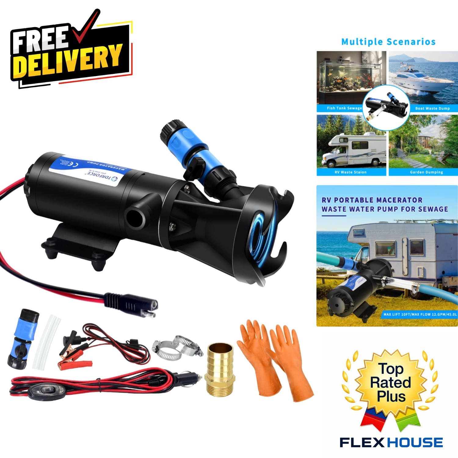 Portable 12V Macerator Pump for RV & Marine – 10 Feet Lift, Self-Priming Design
