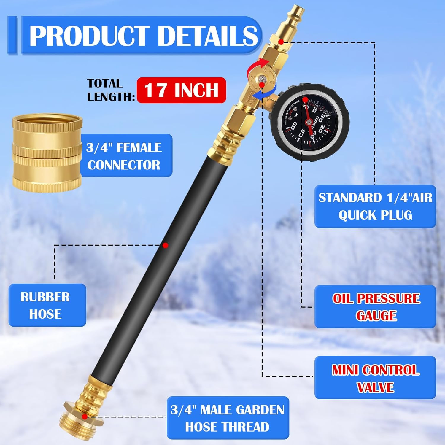 RV Winterizing Kit 17″ Hose +Pressure Gauge Valve Air Compressor Blowout Adapter