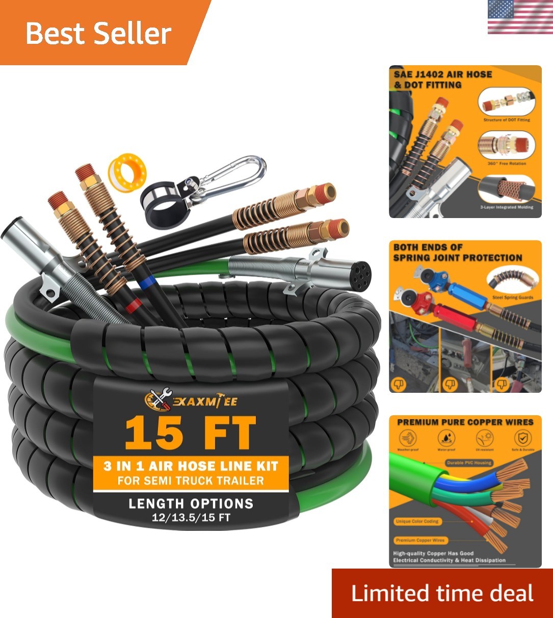 15 FT Semi Truck Air Lines Kit 3IN1 Trailer Cord and Air Brake Hoses Assembly…