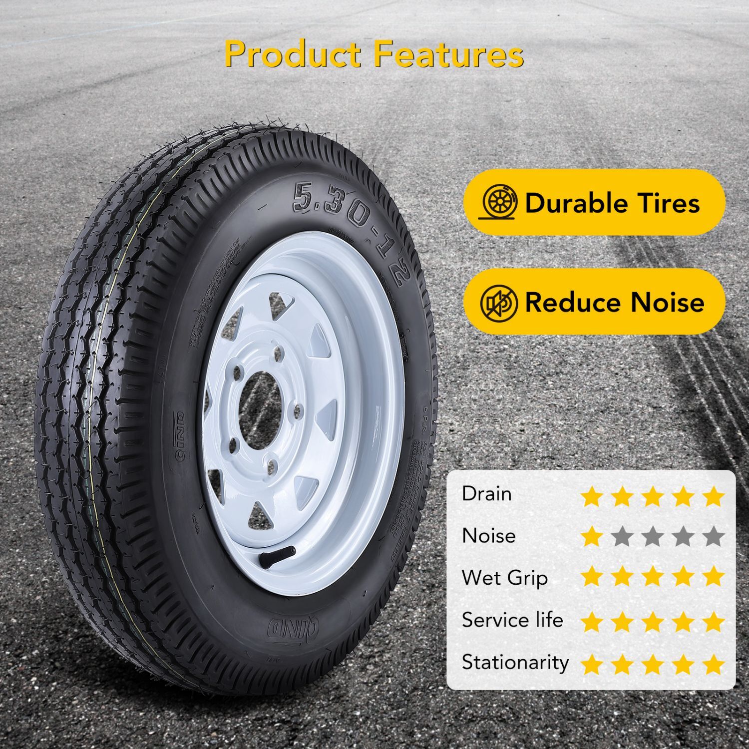 2Set 5.30-12 Trailer Tires with Rims 5.30×12 5.3-12 530-12, 5 Lug on 4.5″, 6PR