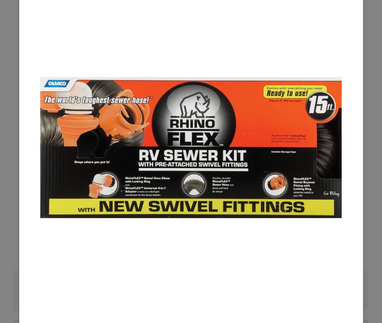 CAMCO RHINOFLEX 15′ SEWER HOSE KIT W/ 4 IN 1 ELBOW, CAPS 39761
