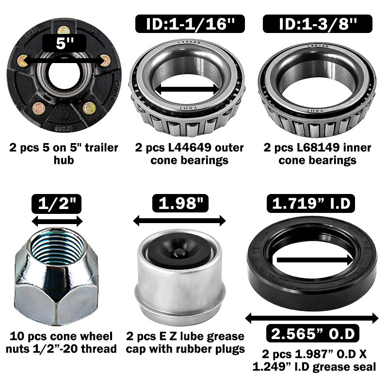 2- 5×5 Idler Hubs with 3500# Bearing Kits Replace Trailer Axle fit Dexter ALKO