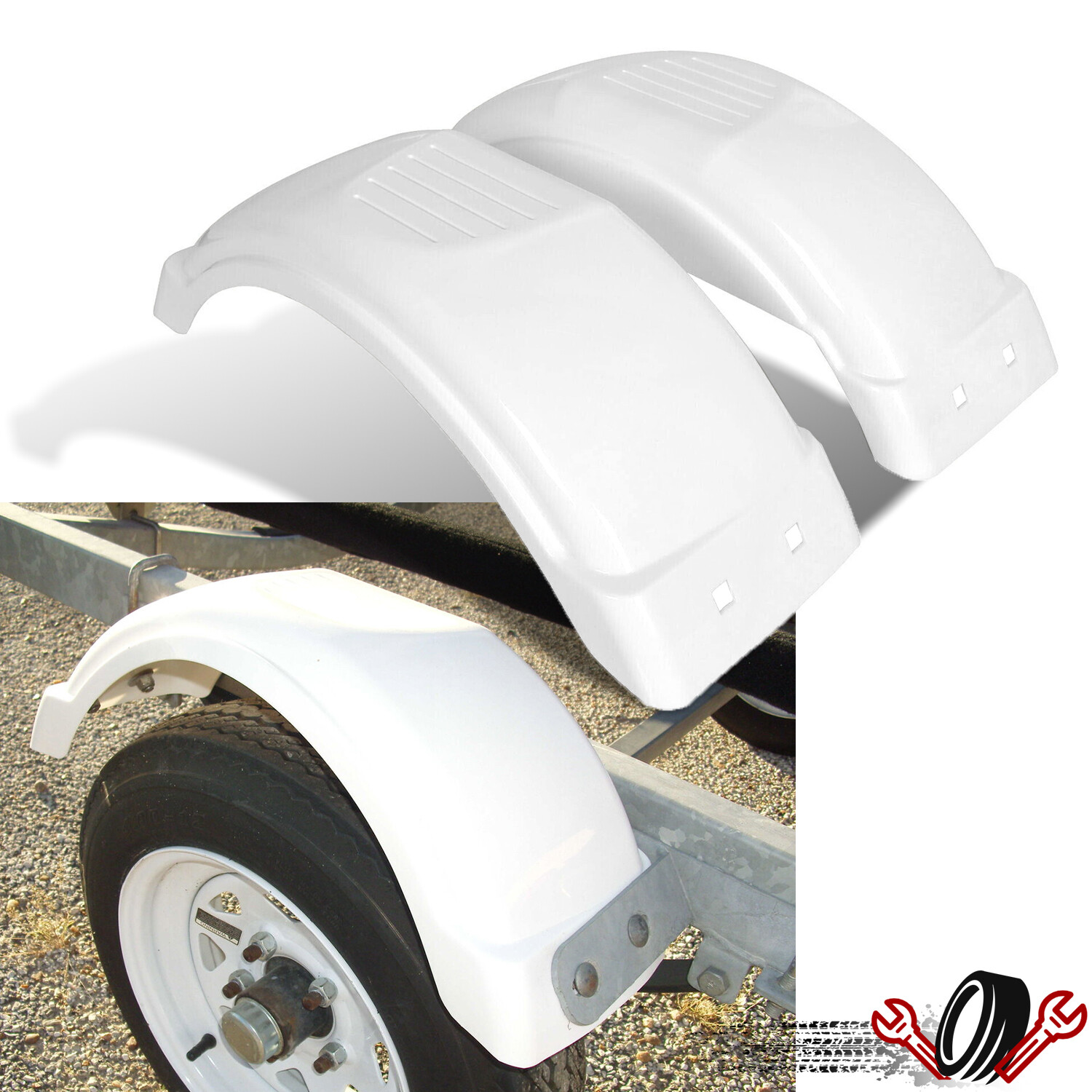 Set of Two White Single Axle Trailer Fenders 8″-12″ Wheels Top Step Skirt Boat