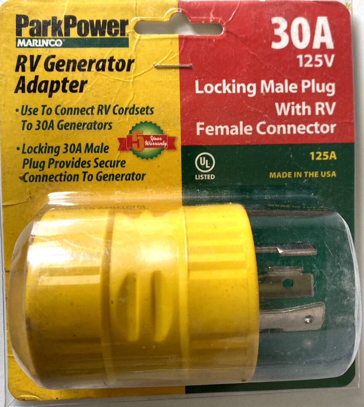 Marinco Park Power 30amp MALE Locking Generator Blade to RV 30amp FEMALE Adapter