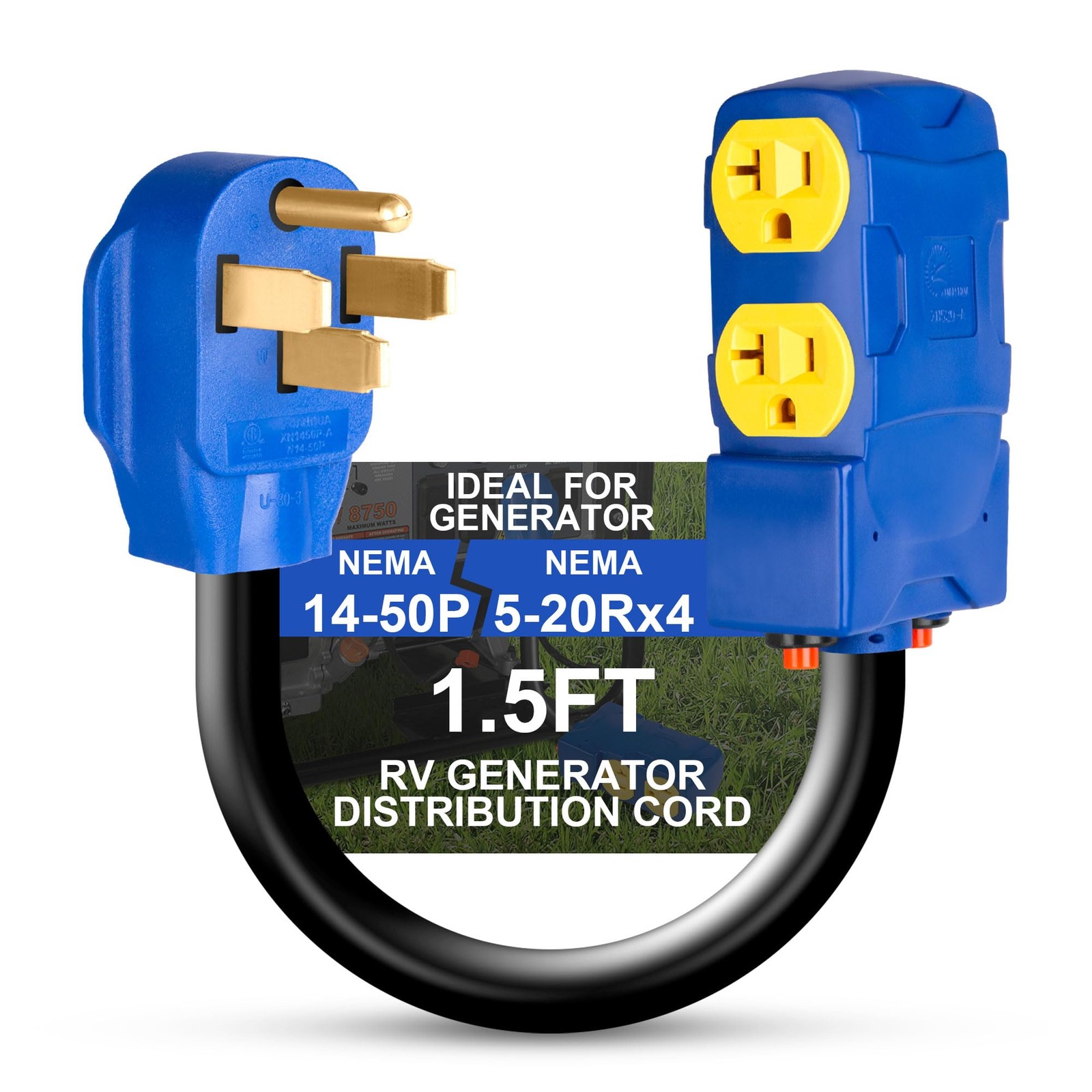 50 Amp to 20 110V RV Distribution Adapter, NEMA 14-50P 4 X 5-20R/15R