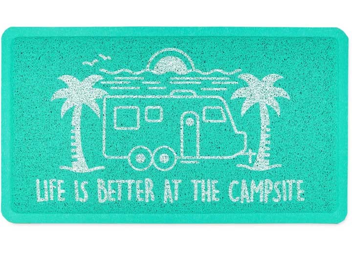 Camco 53447 Life Is Better At The Campsite Scrub Rug, Teal Trailer, 26.5″x15″
