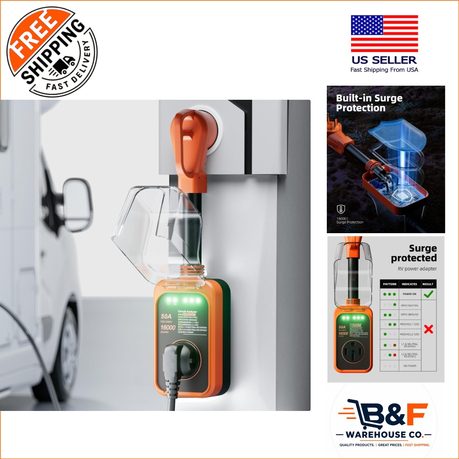 50 Amp RV Surge Protector with 16000J Protection – Waterproof & Reliable