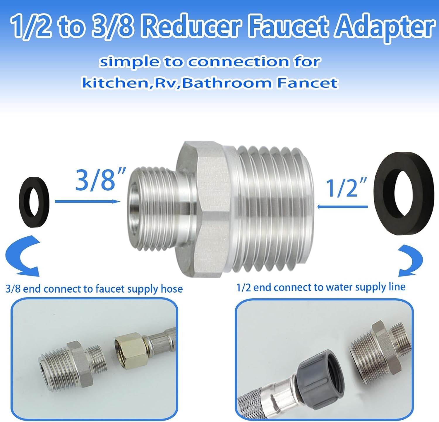 Lead-Free 304 RV Faucet Adapter Set – 1/2″ to 3/8″ Reducer (Set of 2)
