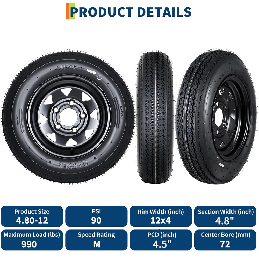 2 PCS Trailer Tires 4.80-12 4.8×12 Highway Boat Tires Load Range C 5 Lug on 4.5″