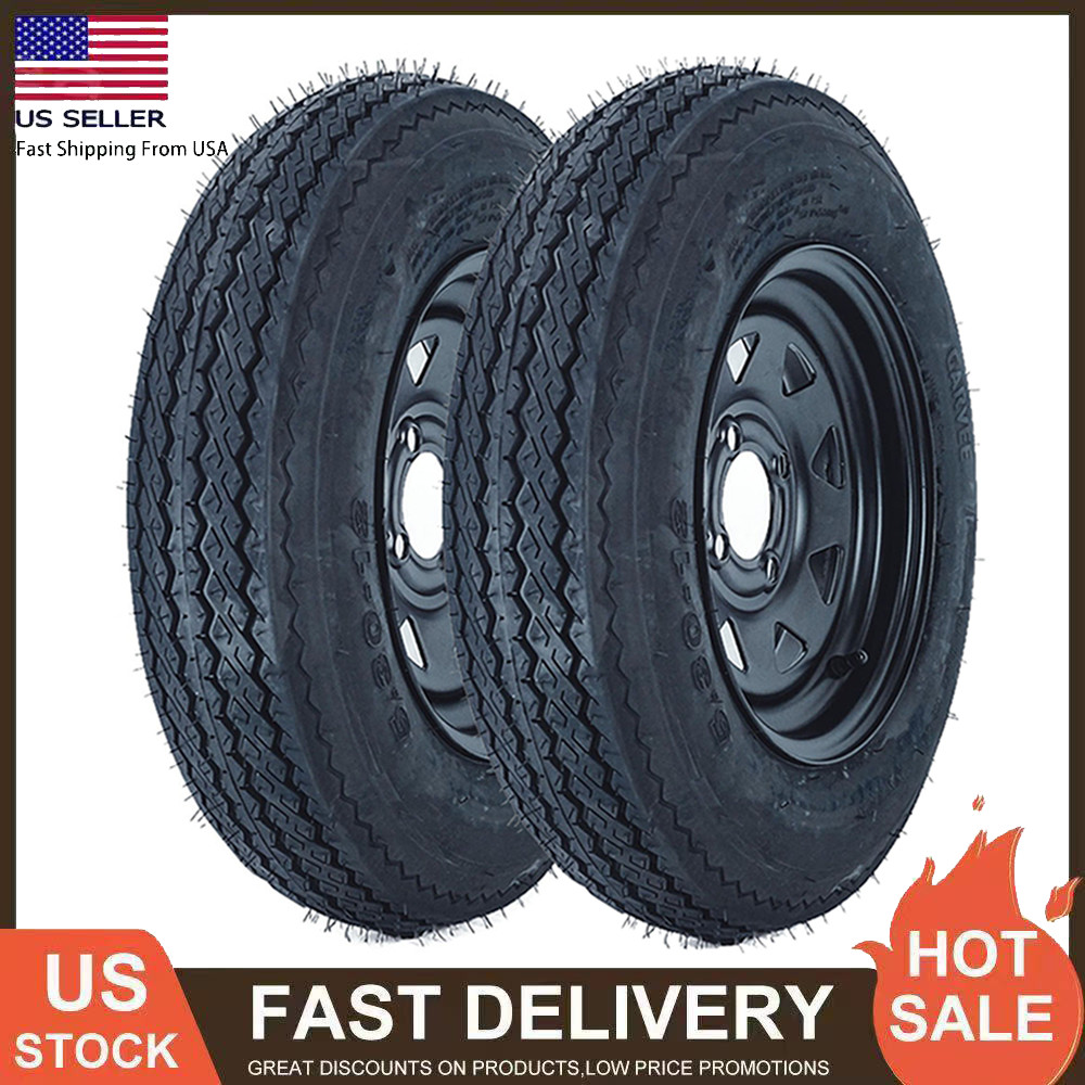 Set of 2 Trailer Tire On Rim 5.30-12 5.30×12 6 Ply 4 Lug on 4″ Black Spoke Wheel
