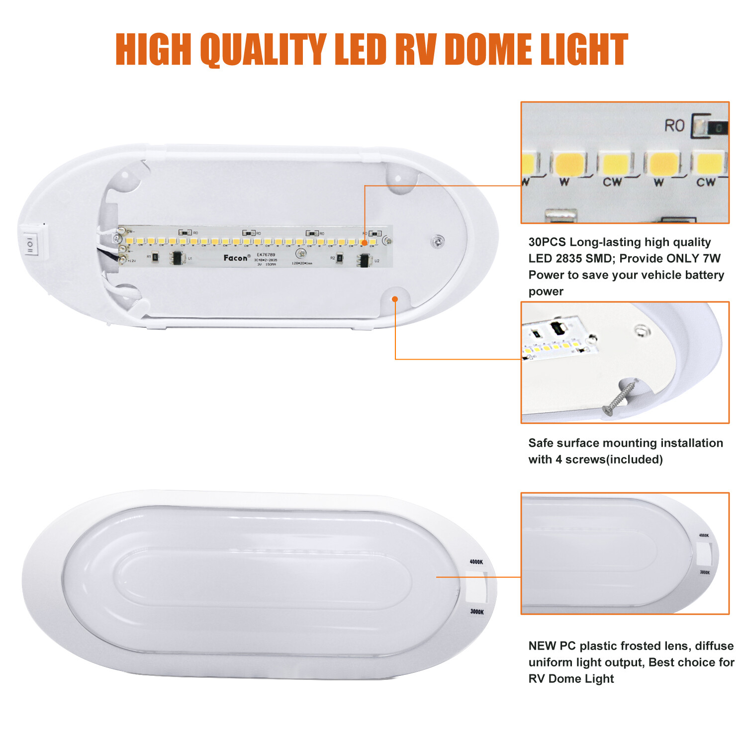 Facon 12V 2-Color LED RV Pancake Ceiling Dome Interior Light for Camper Trailer