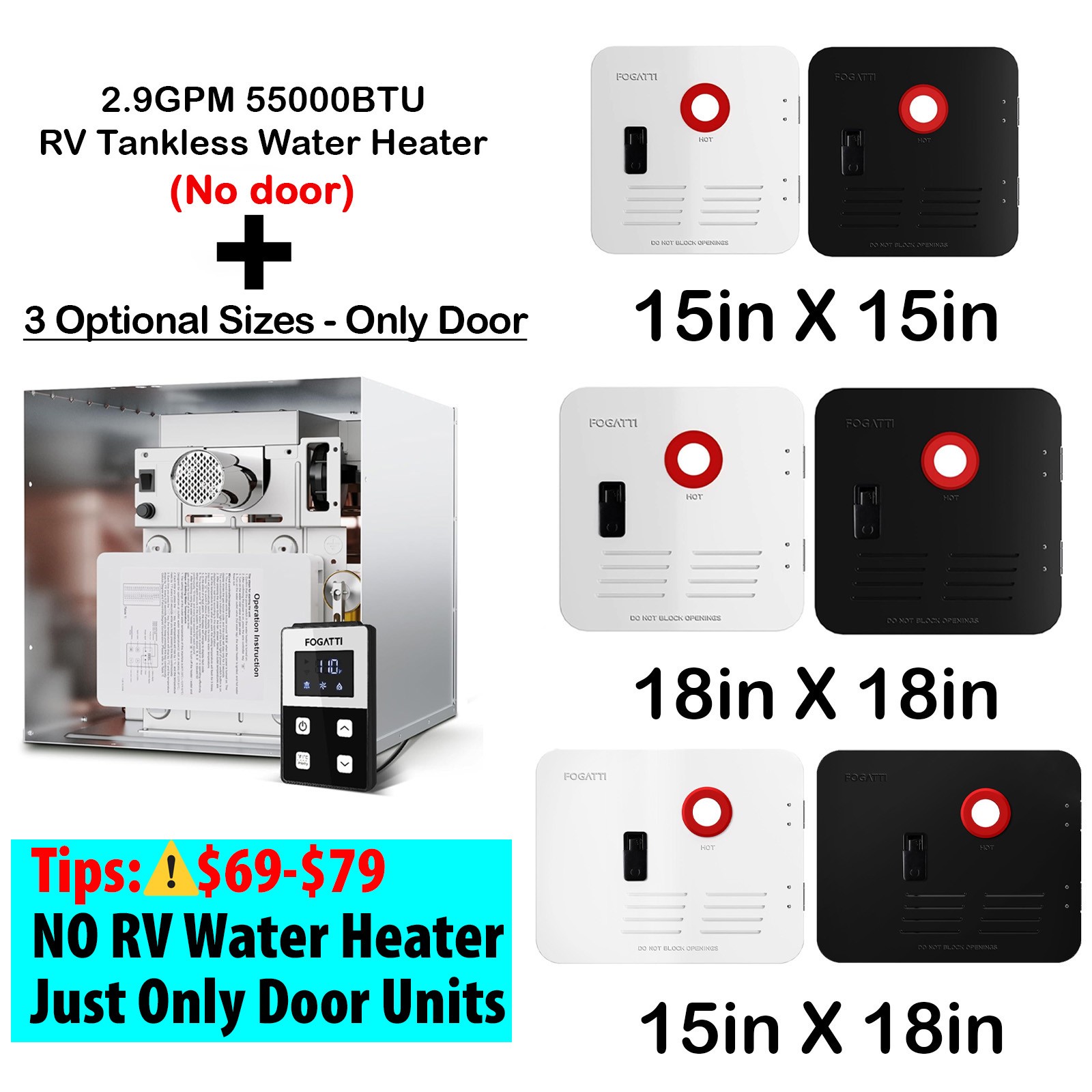 FOGATTI RV Tankless Water Heater Propane Gas 2.9 GPM 55,000 BTU with Controller