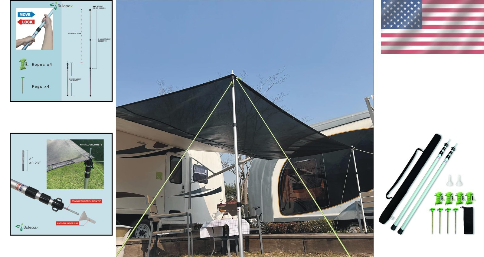 RV Awning Shade Poles Set of 2 7.5FT Aluminum Adjustable, Windproof