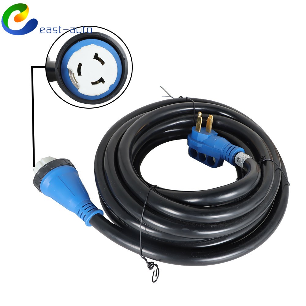 Power Input Box 50A 30FT with Lock And RV Extension Black Cord Blue Plug