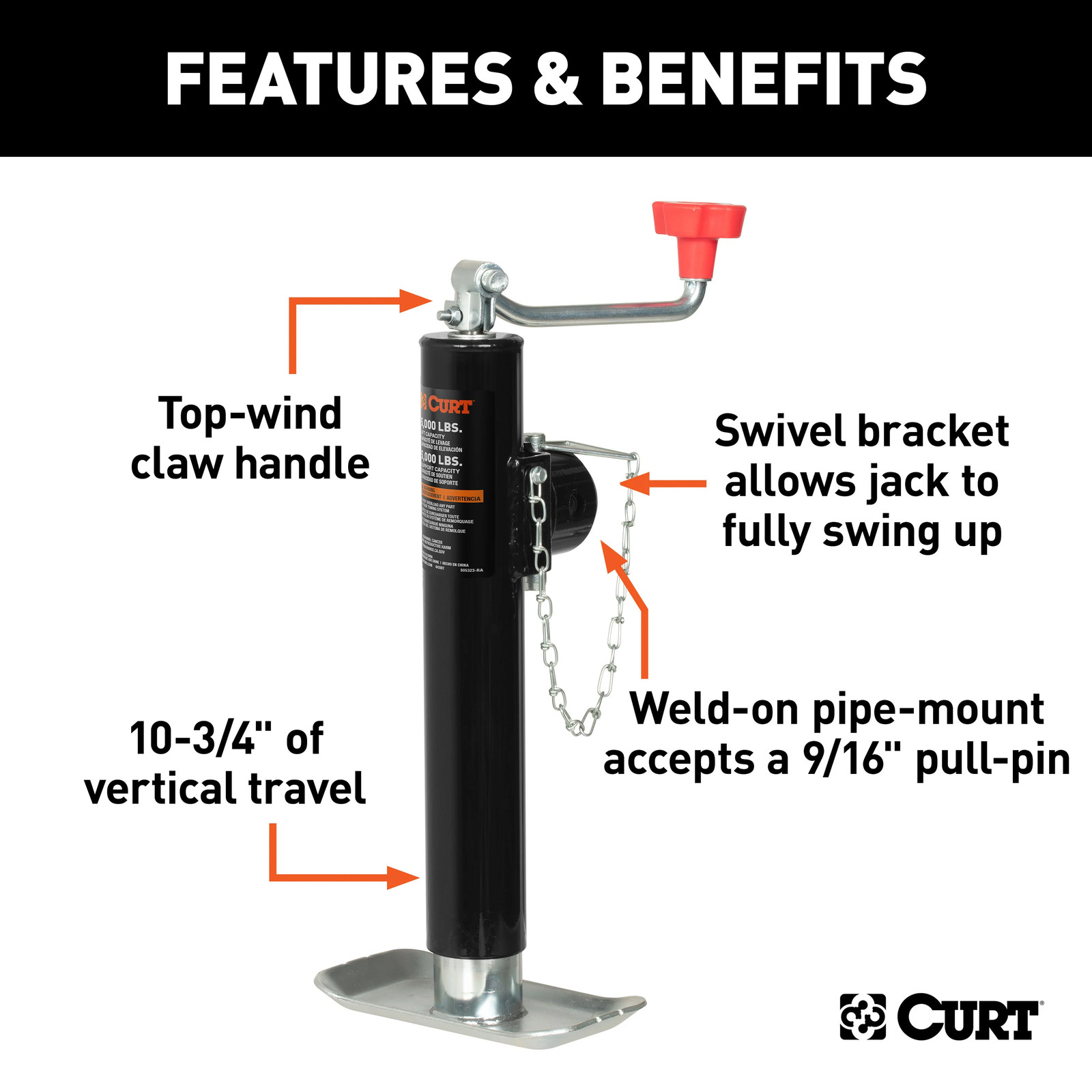 Pipe-Mount Swivel Trailer Jack Tongue Jack Top Handle, 5K lbs, 10″ Travel CURT