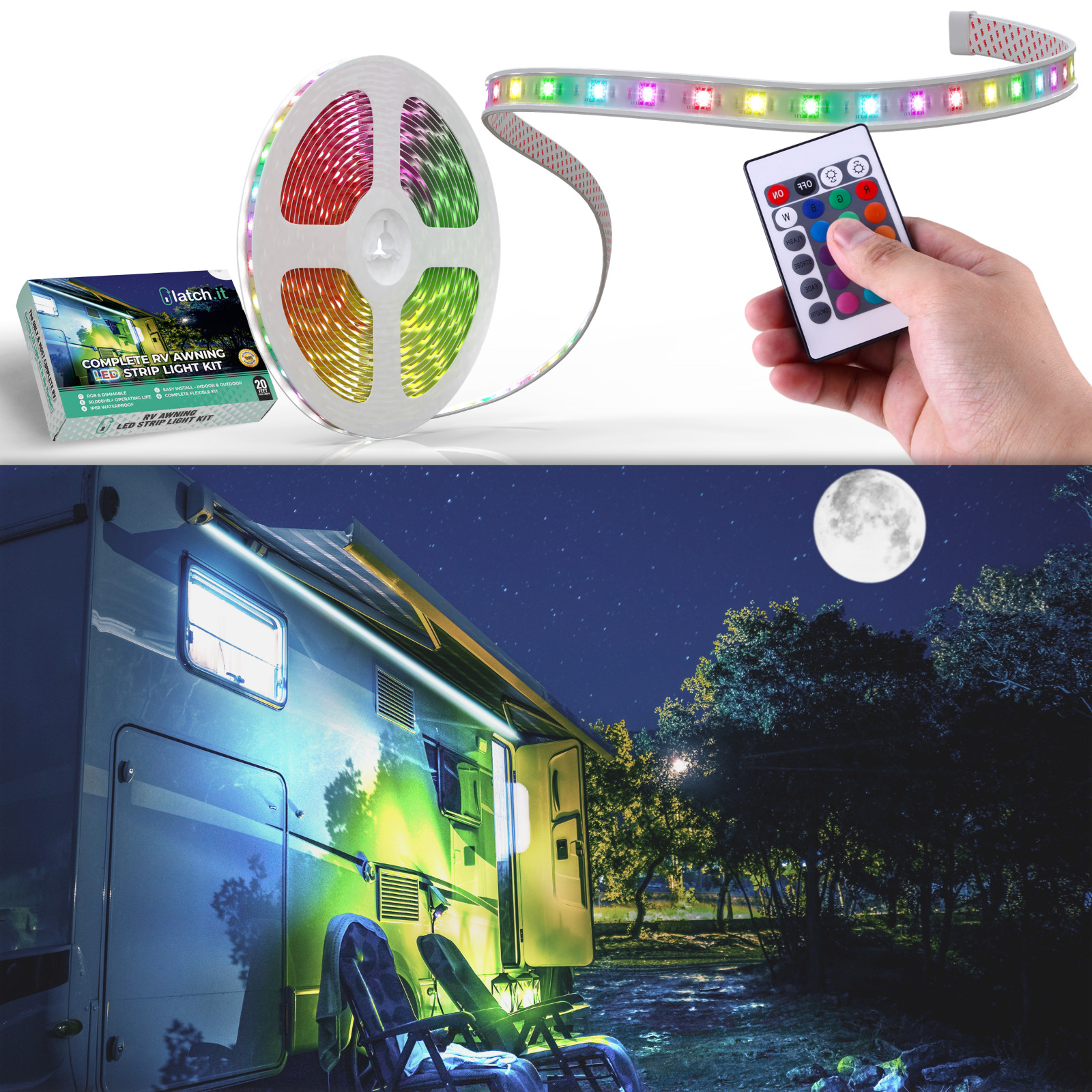 NEW LATCH.IT LED Lights for RV Awning | 2021 V2.0 DIY Kit | 20’ LED Awning Light