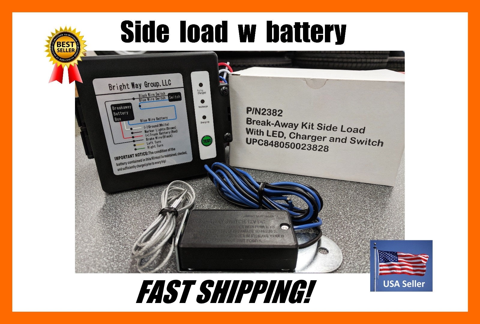 Trailer Side Load Break Away kit BATTERY INCLUDED! with LED, Charger and switch