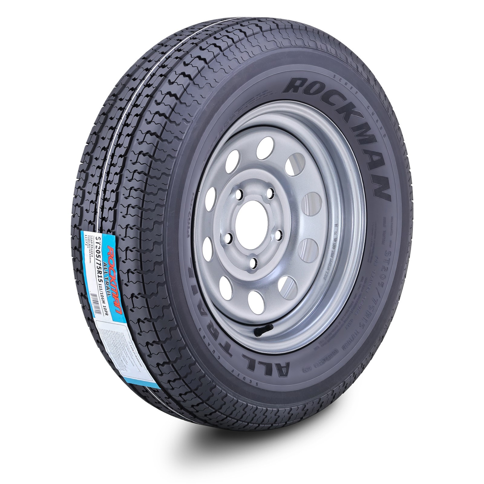 ROCKMAN Trailer Tire Wheel ST205/75R15 10-Ply E HD 2400lbs w/5×5 Silver Mod Rim