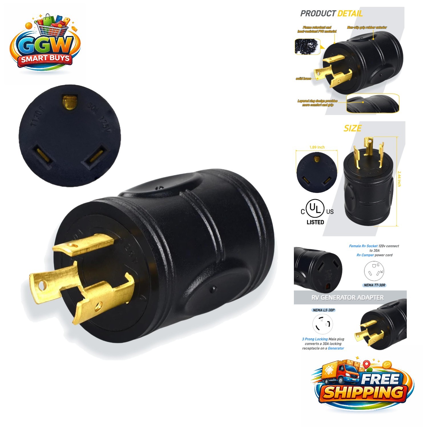 Listed 30 Amp 3 Prong Adapter for Secure Generator and RV Connection