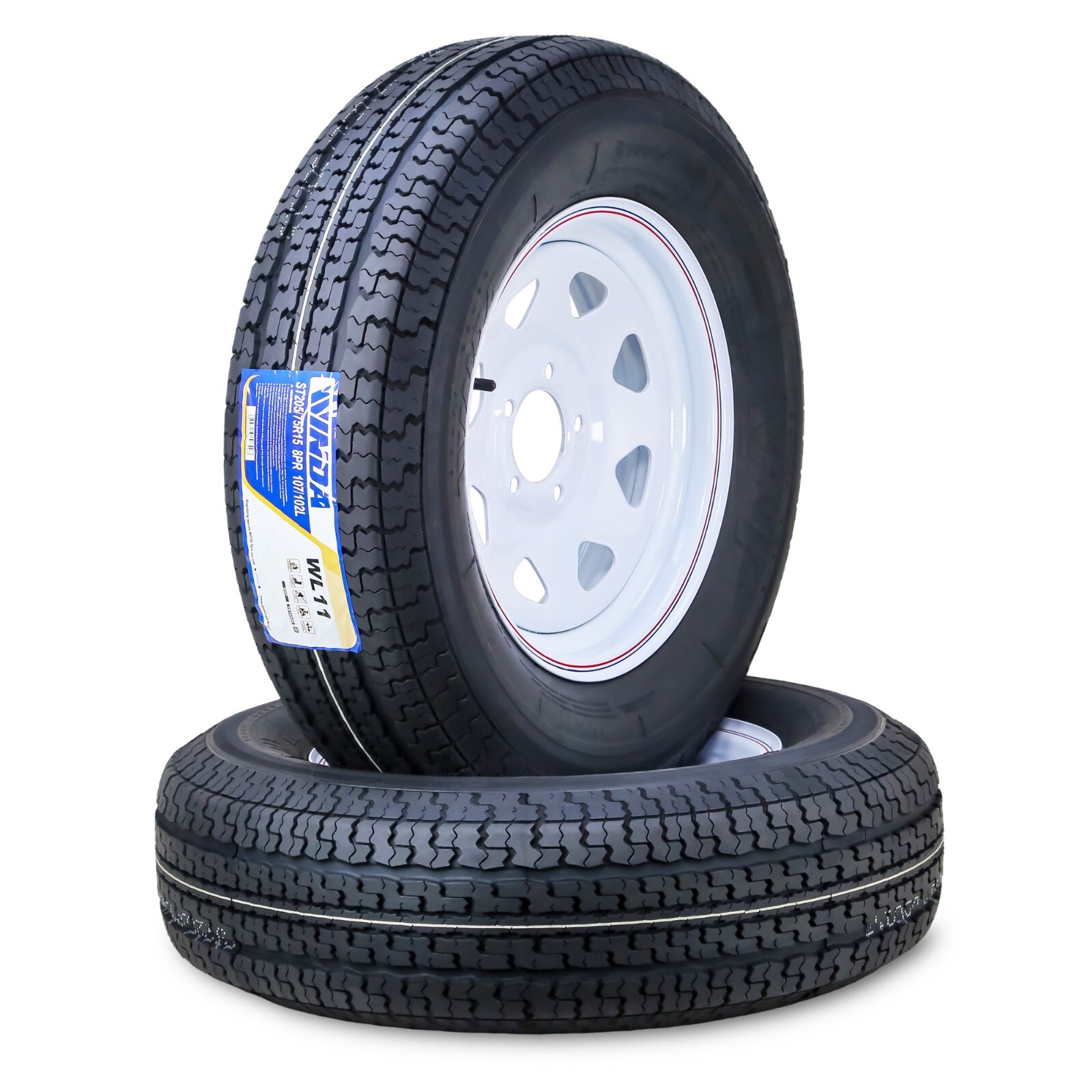 ST205/75R15 WINDA Trailer Tire Rim 8-Ply D 107L 5 Lug x 4.5″ White Spoke,SET 2
