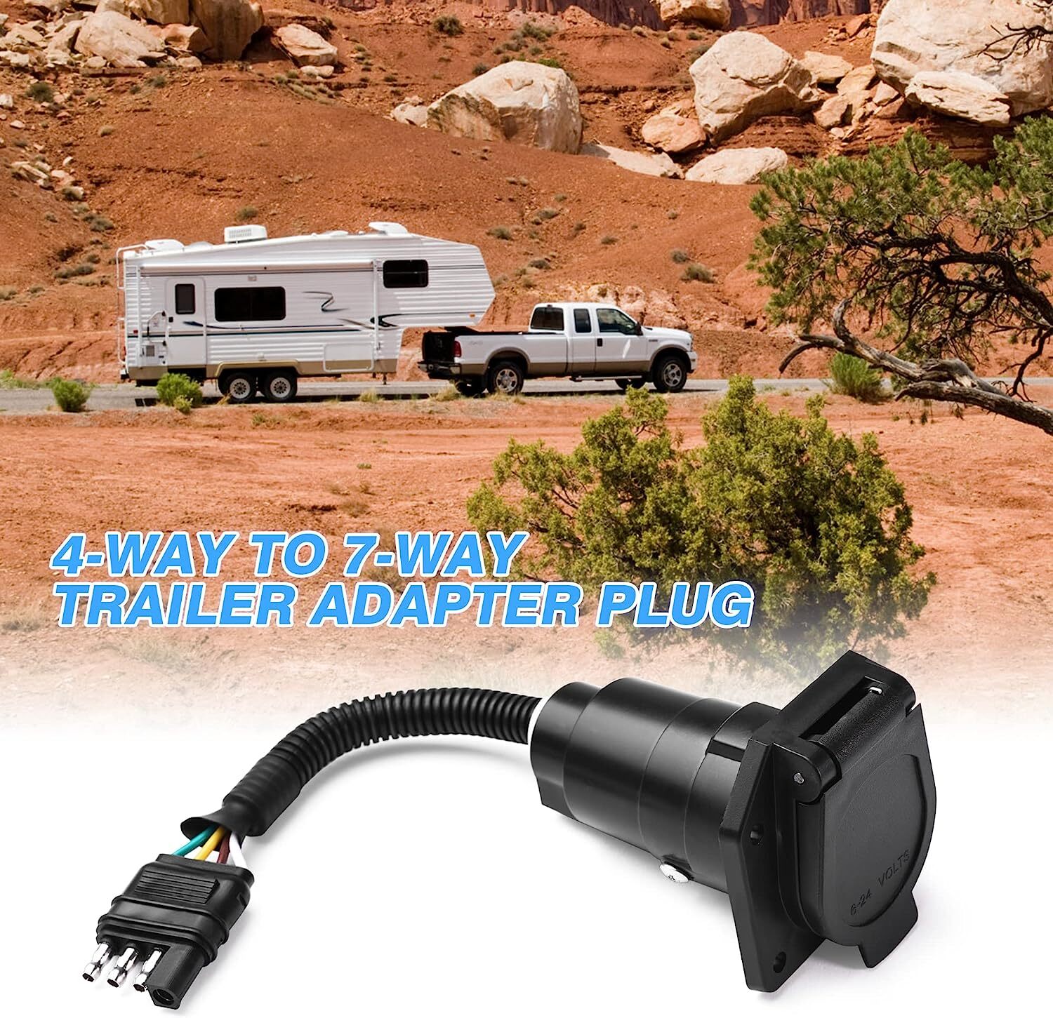 MICTUNING Flat 4 Way to 7 Pin Round Blade Trailer Adapter Wiring Plug Connector