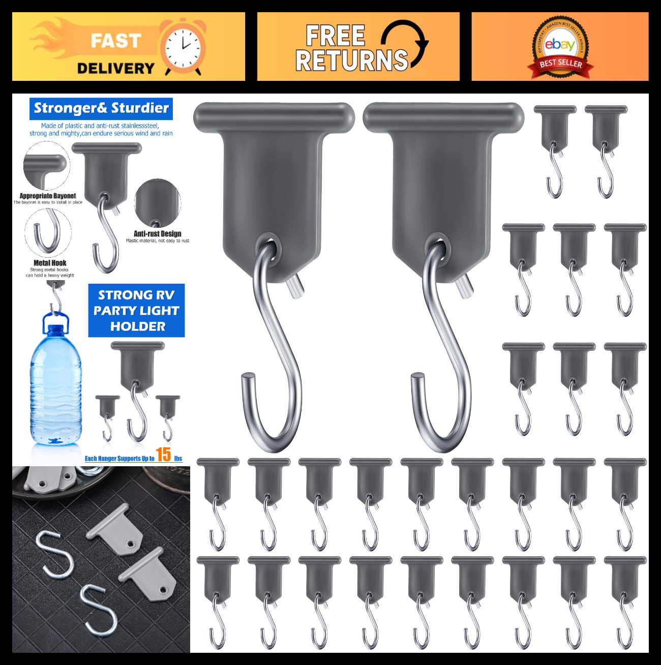 28 RV Awning Hooks Set – S-Shaped Plastic & Metal Hangers for Lights, Camping, T