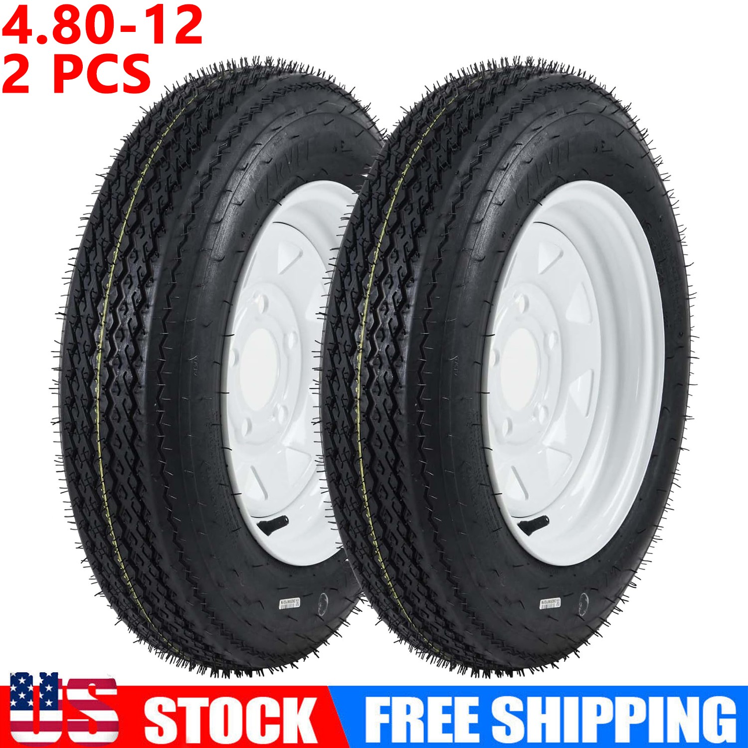 2 Pack Trailer Tires On Rim 4.80-12 480-12 480X12, Load Range C, 6PR,5 Lug,