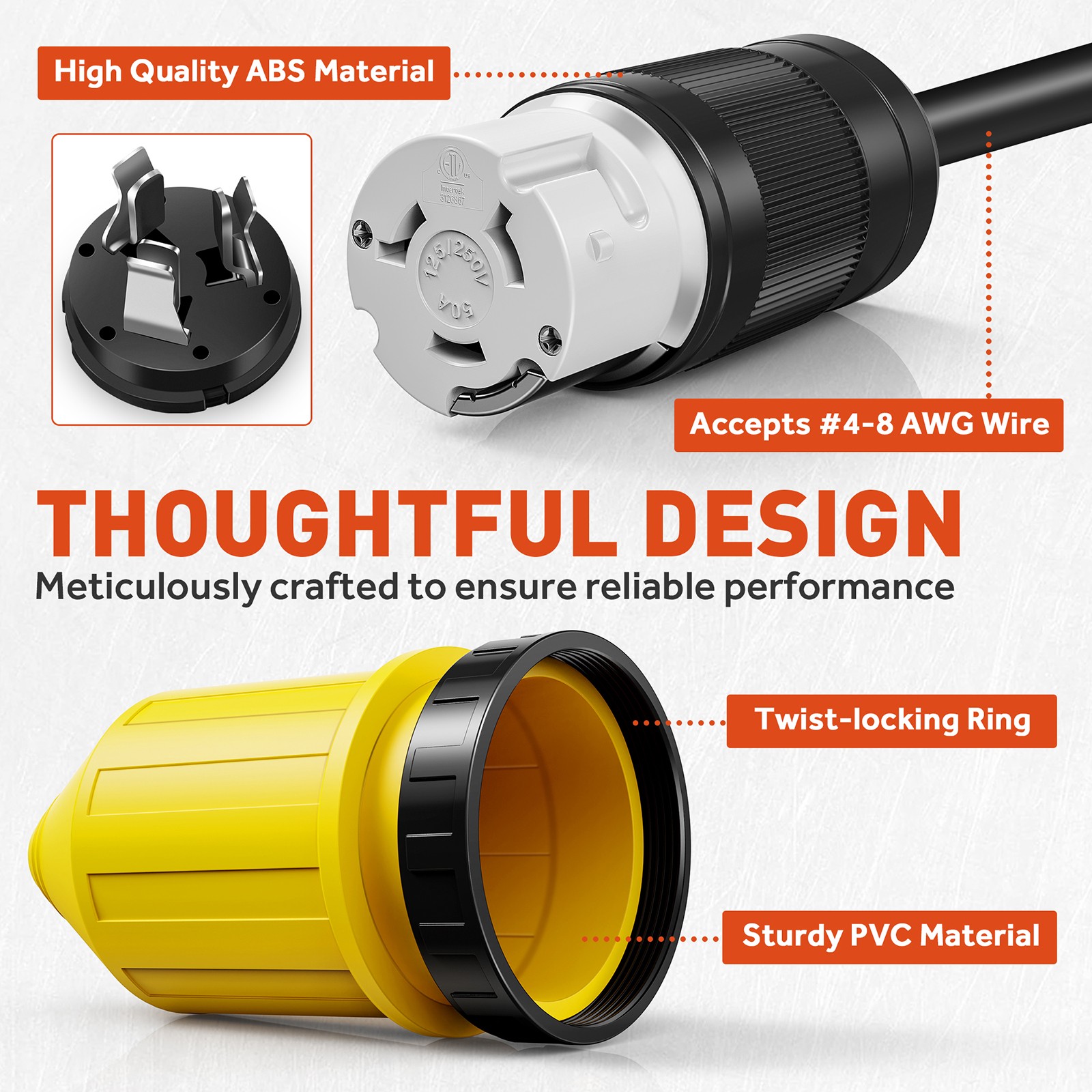 50AMP RV Power Cord Twist Lock Plug w/Locking Ring Boot Cover 125V/250V RV Boat