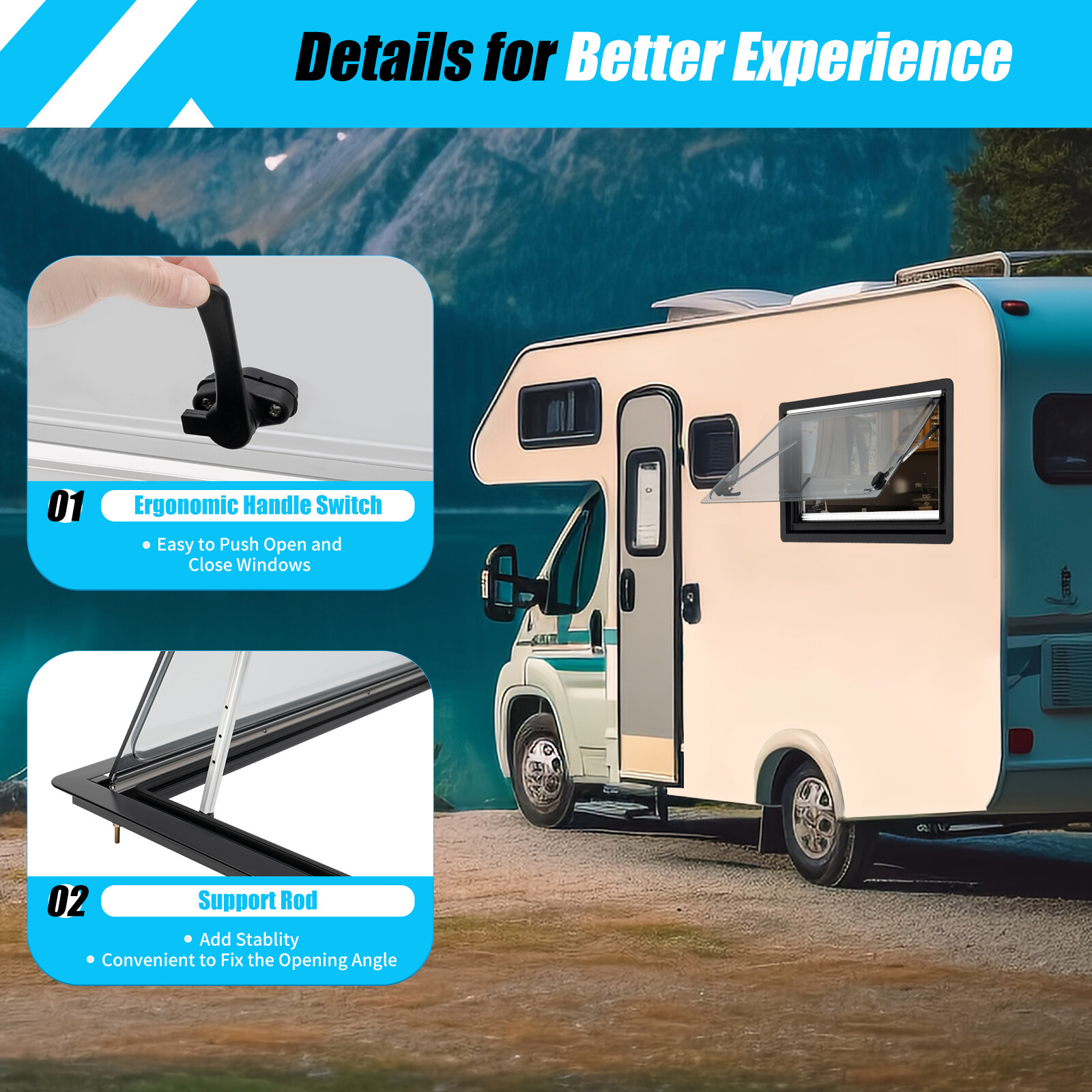 RV Caravan Extrapolated Ventilation Camper Hinged Push Window Hatch 900x500mm