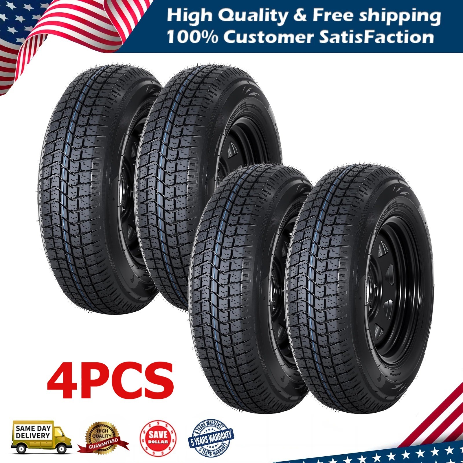 4-Pack Trailer Tire On Rim ST205/75D14 Trailer Tires and Wheels 5 Lug on 4.5″