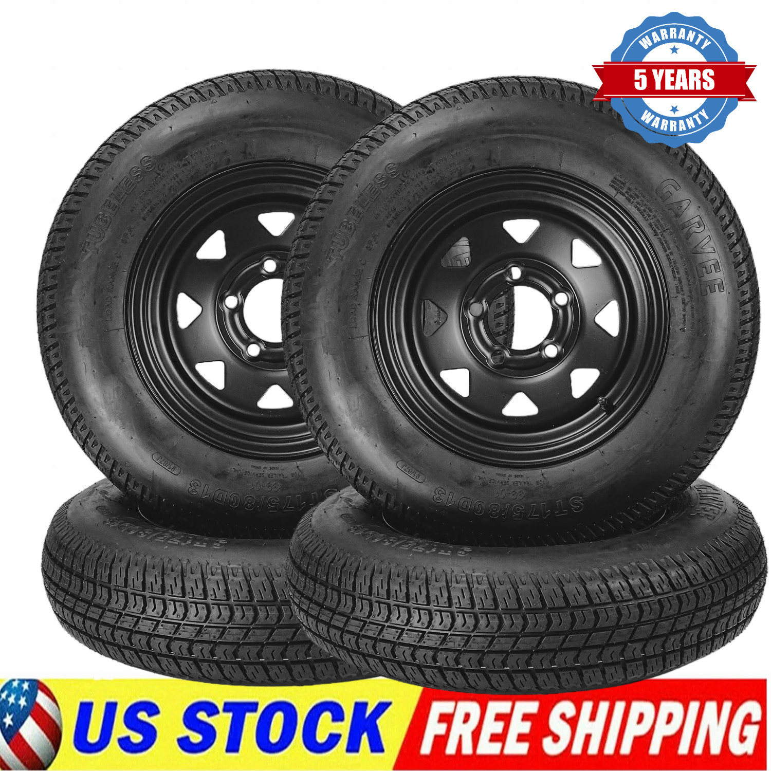 ✨4 Pack ST175/80D13 Trailer Tires and 13″ Rims Wheels 5 Lug on 4.5″ 6PR Black