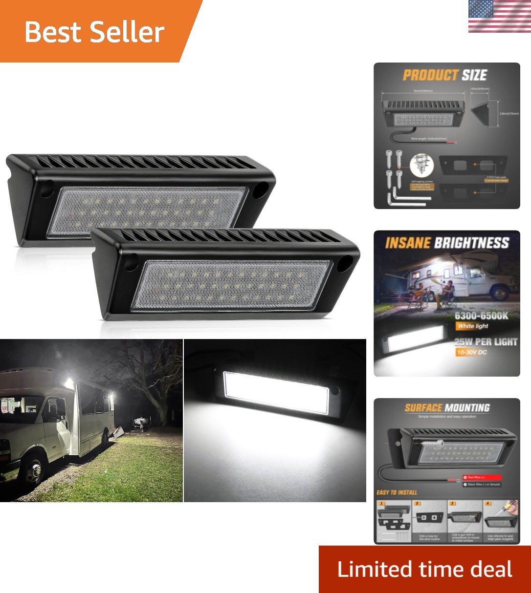 RV Exterior Light 2PCS 9 Inch Porch Lights Flood Beam 12V 24V LED Scene Cargo…